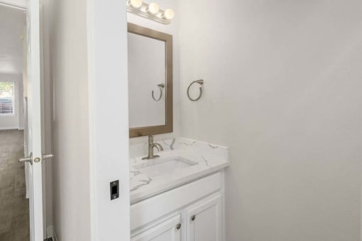a bathroom with a sink and a mirror
