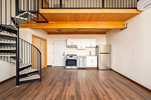 Kitchen with a staircase view at Atomic Orchard Experiment, Oregon, 97232