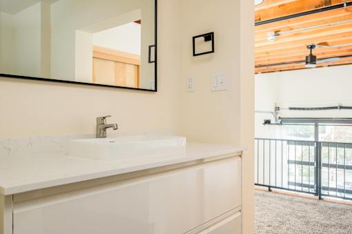 Bathroom with a white sink at Atomic Orchard Experiment, Portland, 97232