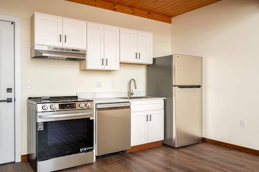 Kitchen with stove at Atomic Orchard Experiment, Portland, OR