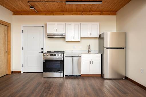Kitchen with refrigerator at Atomic Orchard Experiment, Portland