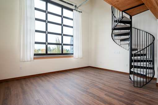 Spiral staircase in a room at Atomic Orchard Experiment, Portland, 97232