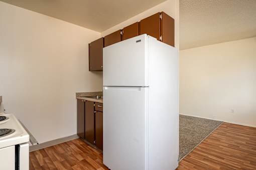 White refrigerator at Garden Villa Apartments, Portland, OR