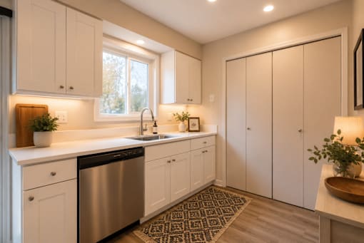 A kitchen with white cabinets and a stainless steel dishwasher.