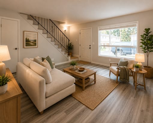 A living room with a white couch, a wooden coffee table, and a staircase.