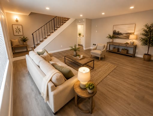 A well-lit living room with a white sofa and a wooden coffee table.