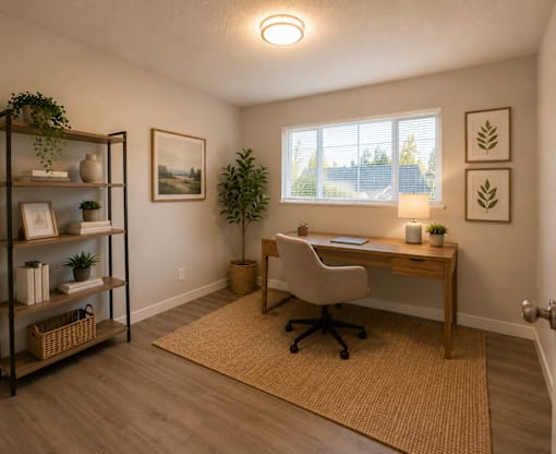 A room with a desk, chair, and shelves with plants and decorative items.