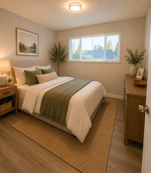 A bedroom with a large bed and a painting on the wall.