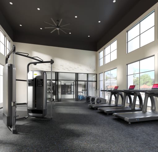 a gym with cardio equipment and windows in a building