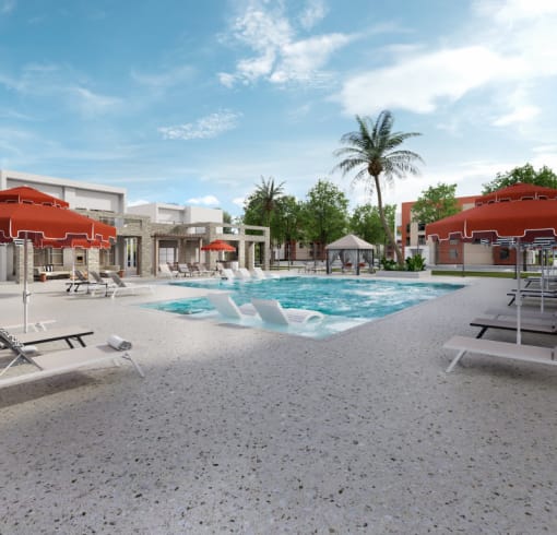 a swimming pool at a resort with chairs and umbrellas