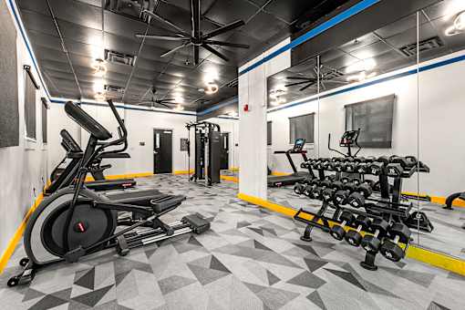 A gym with a treadmill, weights, and exercise equipment.