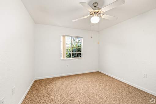 A room with a ceiling fan and carpeted floor.