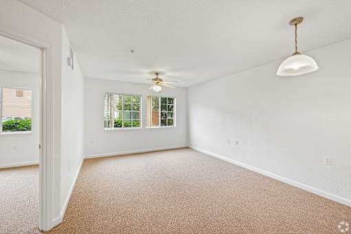 A room with a carpeted floor and a ceiling fan.