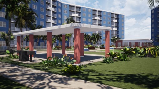 a rendering of a gazebo in front of an apartment building