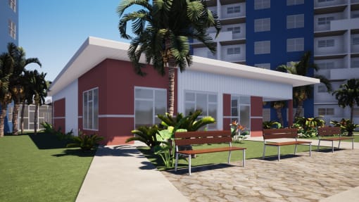 a rendering of a building with a bench and a palm tree in front of it