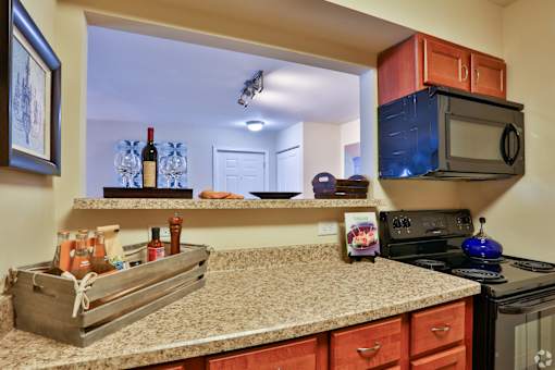 A kitchen with a black stove and a black microwave above it at The Bristol Apartments, South Carolina