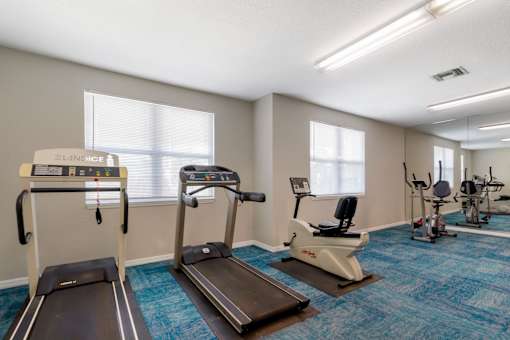 A gym with treadmills and elliptical machines.