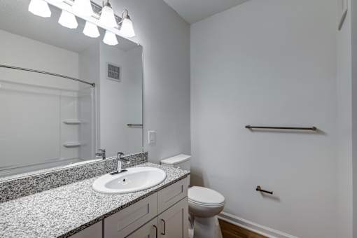 A bathroom with a sink, toilet, mirror, and light fixture.
