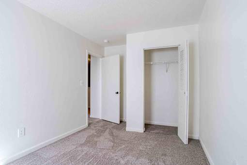 A white room with a carpeted floor and two open doors.