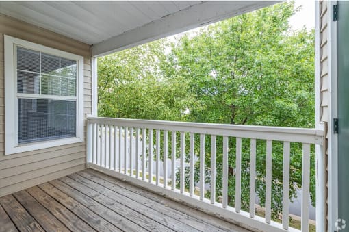 A balcony with a white railing and a window overlooking a green tree.