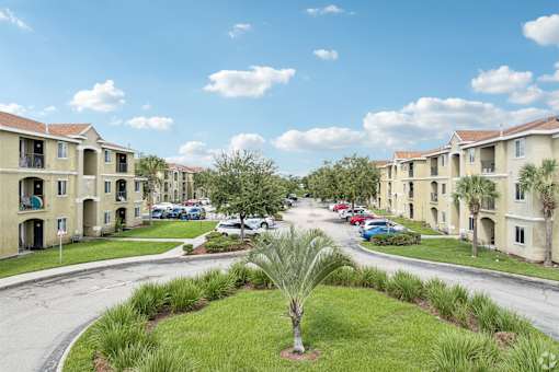 A palm tree is in the middle of a grassy area in front of apartment buildings.
