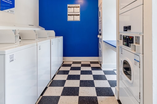a laundry room with white washers and dryers and a blue wall
