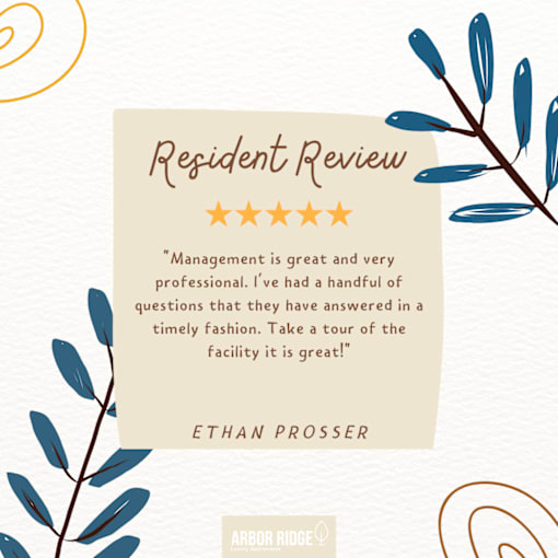 A resident review for Arbor Ridge with a five-star rating and a quote from a satisfied customer named Ethan Prosser.