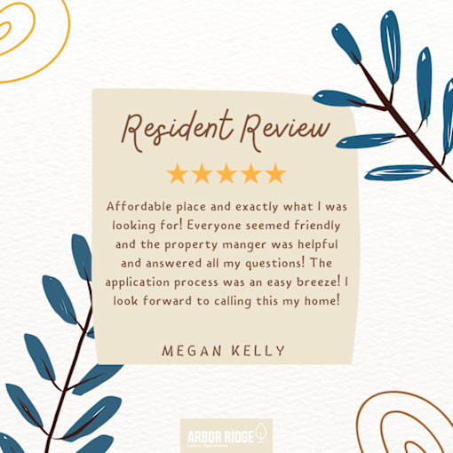 A resident review for Arbor Ridge, a property, is displayed on a beige background with a decorative leafy branch on the left side.