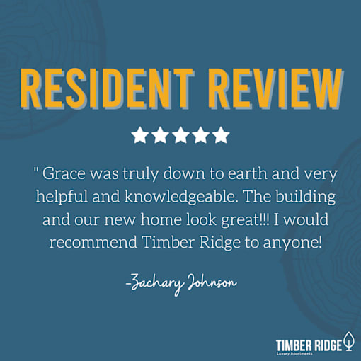 A resident review for Timber Ridge Apartments featuring a five-star rating and a positive testimonial from Zachary Johnson.