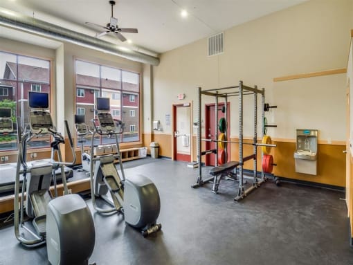 a gym with weights and equipment in a room with windows at Campus Park, Duluth, 55811