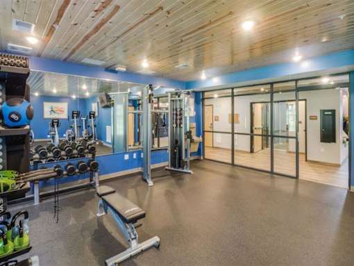 a gym with a lot of weights and equipment in it at Arbor Ridge, Forest Lake, MN