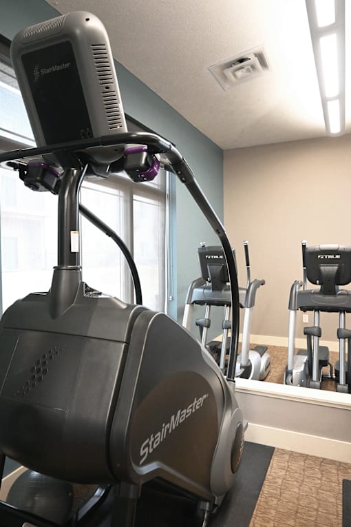 A StairMaster exercise bike is in a room with a mirror.
