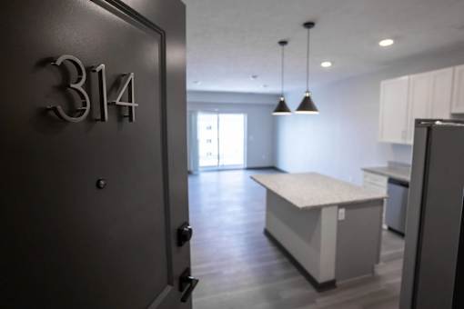 A modern kitchen with a dark brown door that has the number 314 on it.