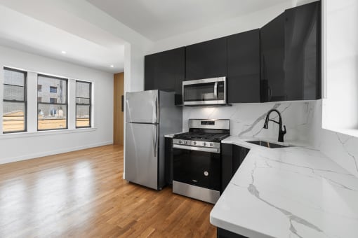 a kitchen with stainless steel appliances and marble counter tops and a window