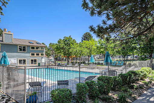 A pool surrounded by a fence and trees.