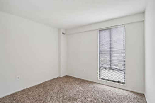 a bedroom with a large window and a carpeted floor