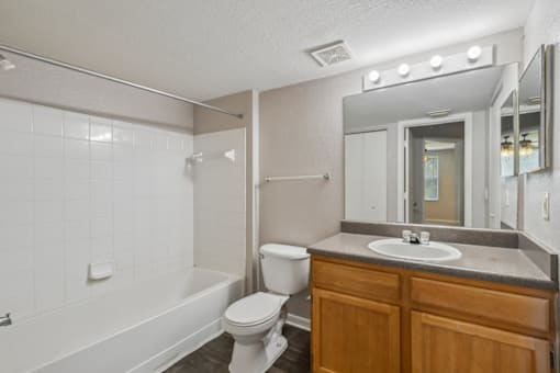 Bathroom with oversized vanity, large mirror, full bathtub and shower combination in a 1-bedroom apartment at Gregory Cove in Jacksonville, FL.