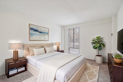 A bedroom with a large bed, a nightstand with a lamp, a painting on the wall, a window with blinds, a potted plant, and a TV on a stand.