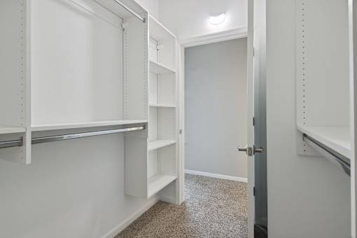 A white closet with shelves and a door.