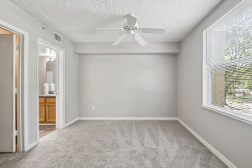 Carpeted primary bedroom with ceiling fan, large window, and en-suite bathroom access in a 3-bedroom, 2-bath apartment at Gregory Cove in Jacksonville, FL.