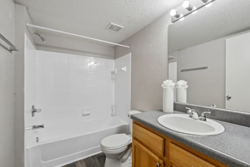 En-suite bathroom with full bathtub and shower combination, large vanity, and mirror in a 3-bedroom, 2-bath apartment at Gregory Cove in Jacksonville, FL.
