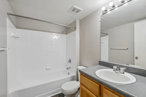 Bathroom with bathtub and shower combination, spacious vanity, and bright lighting in a 3-bedroom, 2-bath apartment at Gregory Cove in Jacksonville, FL.