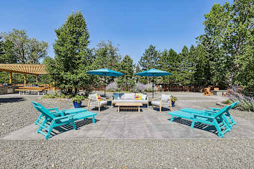 A sunny day at a picnic area with blue benches and umbrellas.