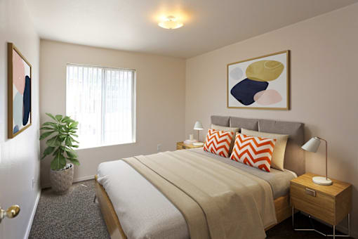 A bedroom with a bed, nightstand, and a painting on the wall.