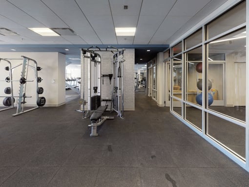 Large fitness center with diverse options at Trillium Apartments, Fairfax, 22031