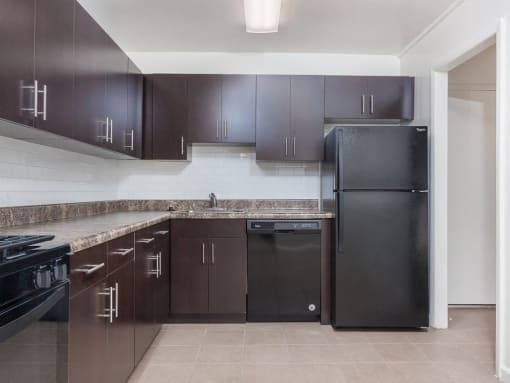 PREMIER upgraded kitchen space with all-black appliances at Trillium Apartments, Fairfax, VA, 22031