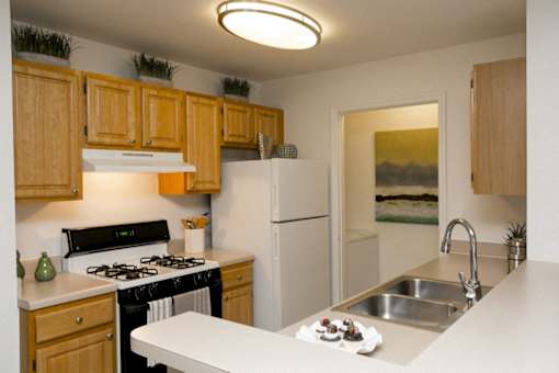 A kitchen with a black stove top oven and a white refrigerator.