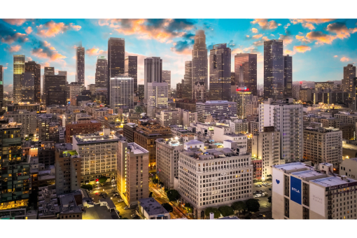 a view of the city at dusk
