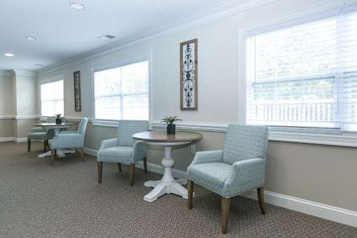 Large resident lounge space with a TV and lots of room to relax with neighbors and friends.