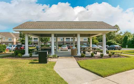 Large covered BBQ grilling area with picnic tables
